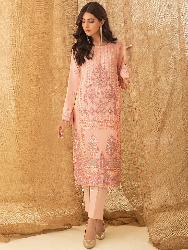 Peachy Peach - 1pc Unstitched Luxury Embroidered Chiffon Shirt with Inner (WK-00756)